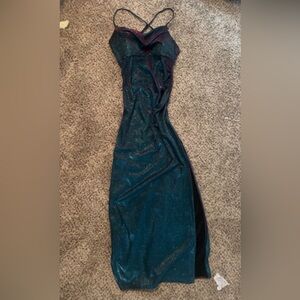 Morgan and Co blue and purple CHROME prom dress with a thigh high slit